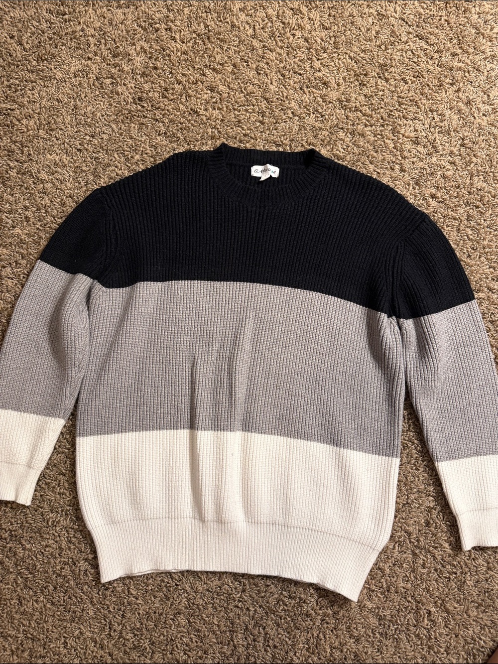 MACARON Black, Gray & Cream Striped Ribbed Crewneck Sweater